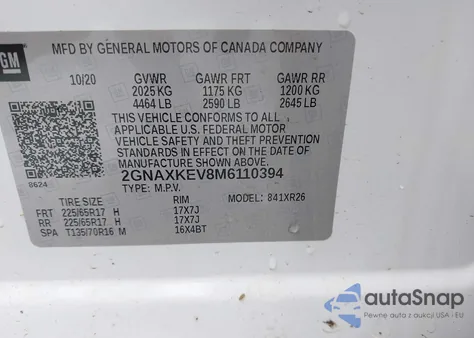 2021 Chevrolet Equinox Fwd Lt z USA, uszkodzony, nr VIN 2GNAXKEV8M6110394